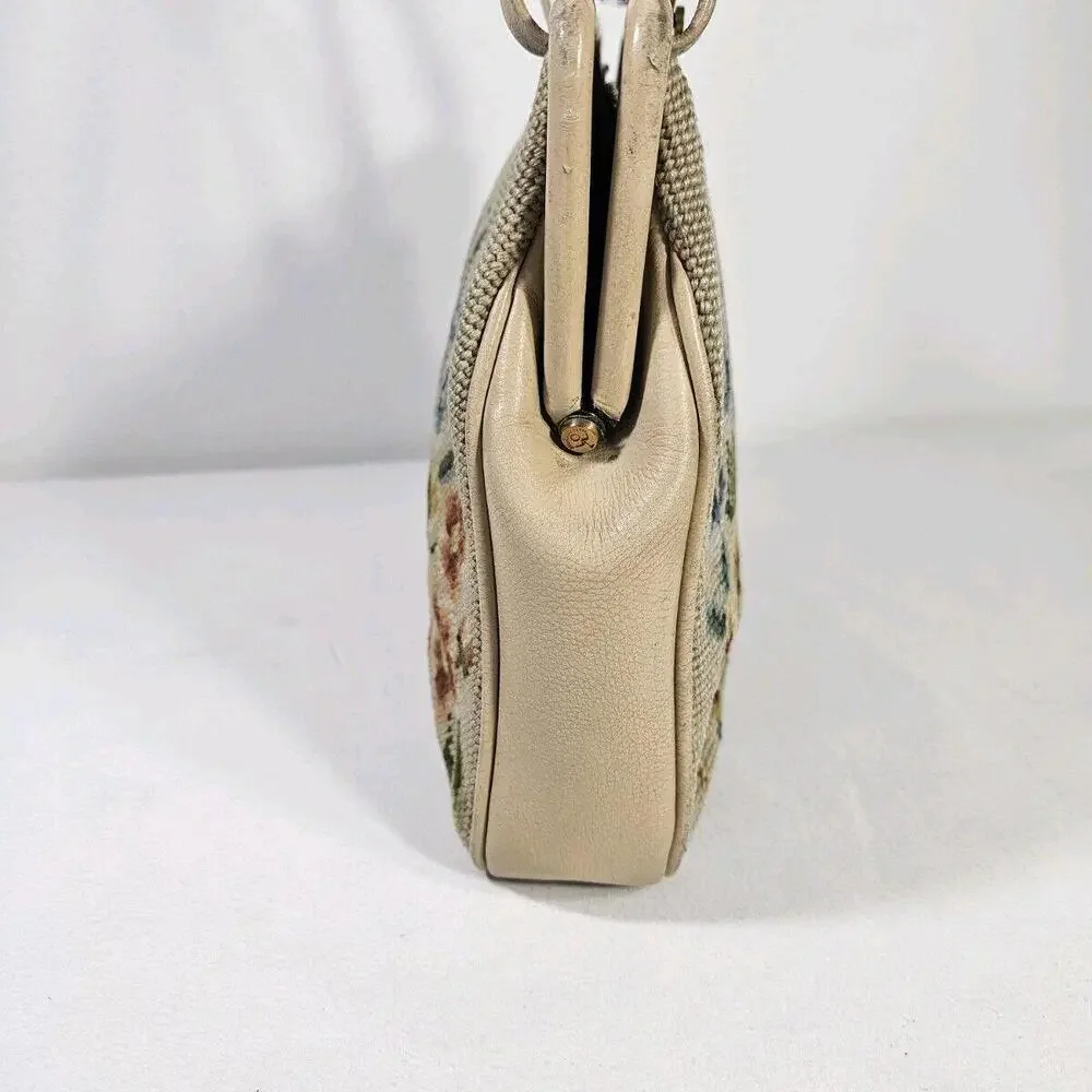 Vintage 1950's Mid Century Needlepoint Floral Purse Handbag Pocket Beige - Picture 4 of 13